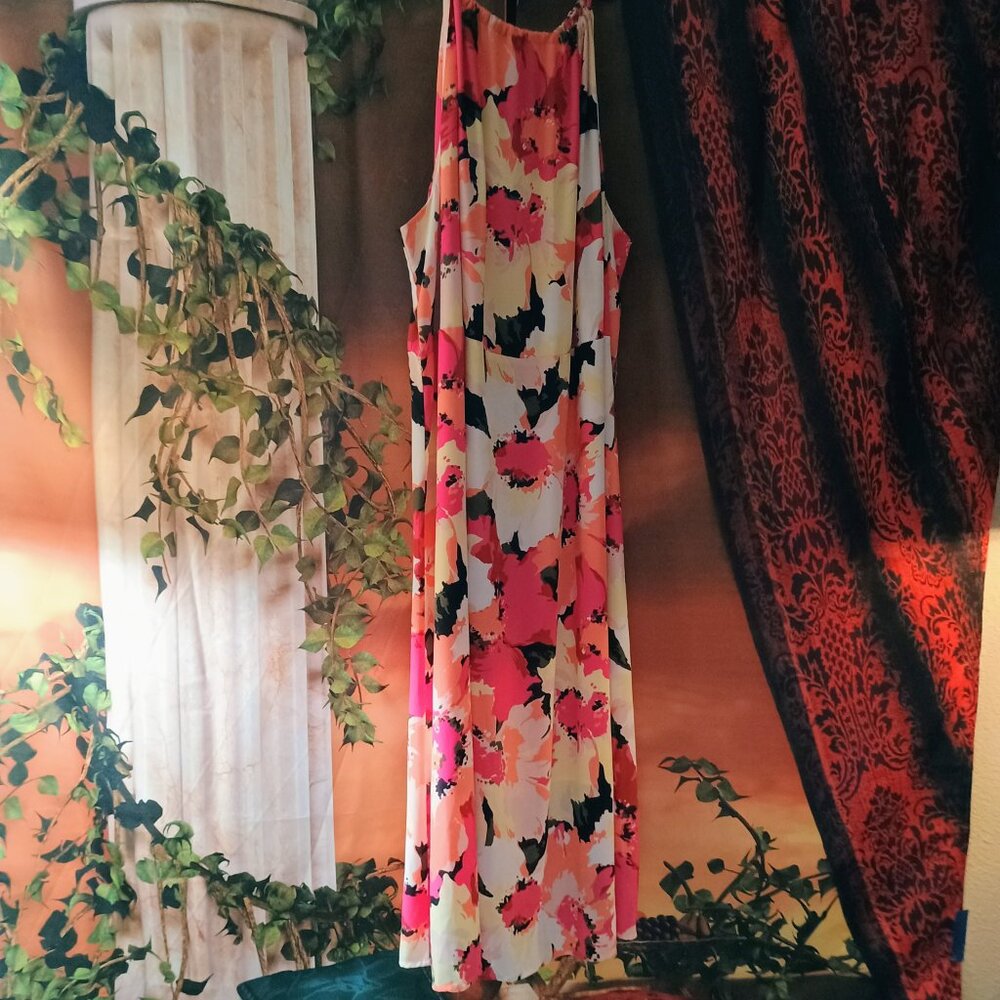 EUC: AVA & VIV Sze 3X Multicolor Floral V-Neck Halter Maxi Dress - Picture 2 of 6